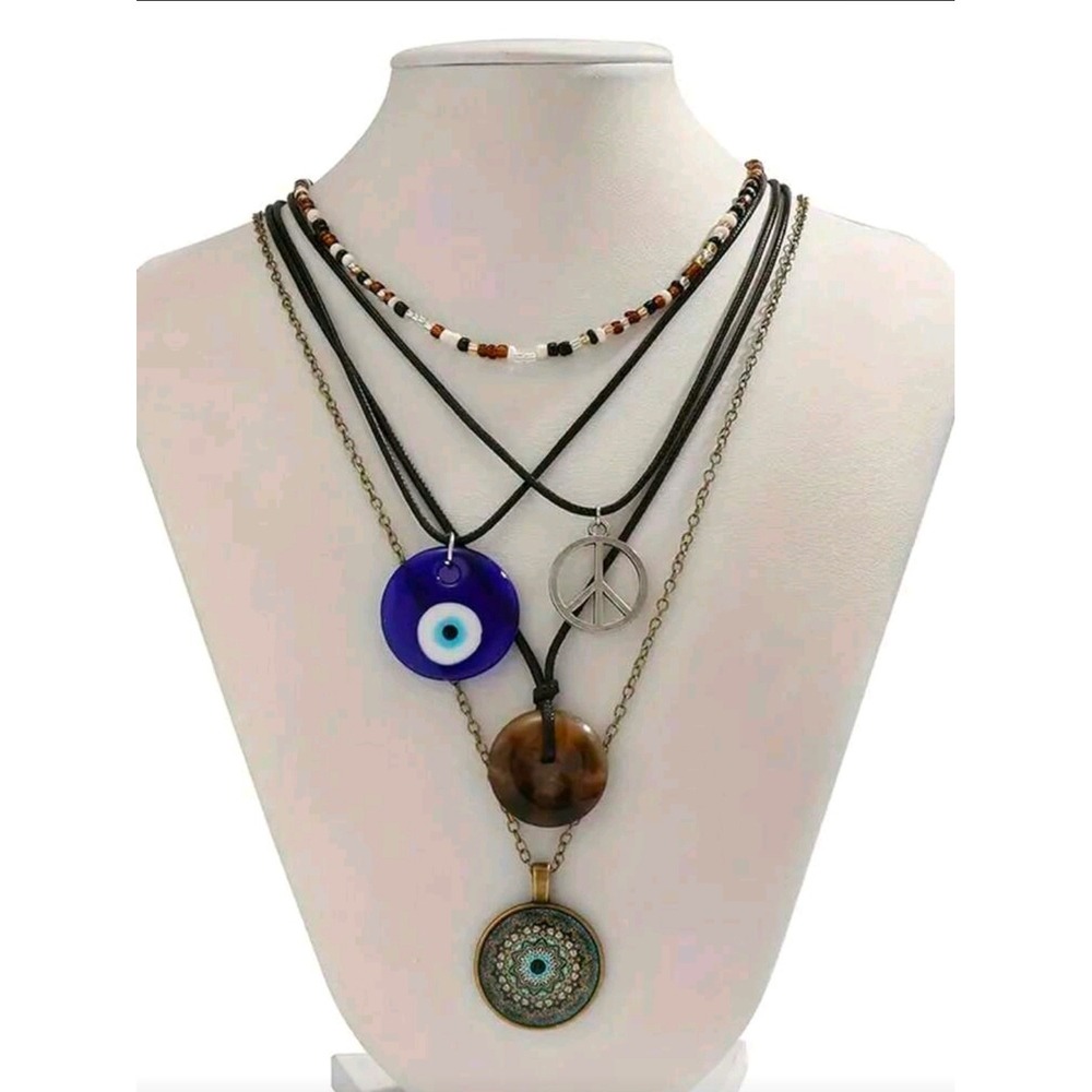 5pc Bohemian Evil Eye Peace Sign Mandala Layered Necklace Set Black Blue Bronze